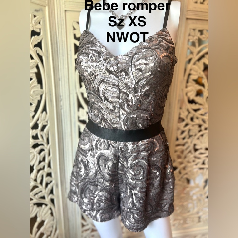 Bebe Metallic Sequin Romper with Black Band